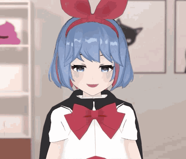 a cartoon character with blue hair and a red bow on her head