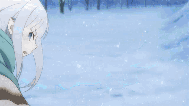 a girl with white hair is covering her face with her hands in the snow