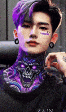 a man with a skull tattoo on his neck has the word venom written on his face