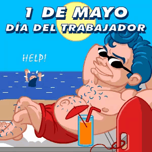 a cartoon of a man laying on a beach with the words 1 de mayo dia del trabajador below him
