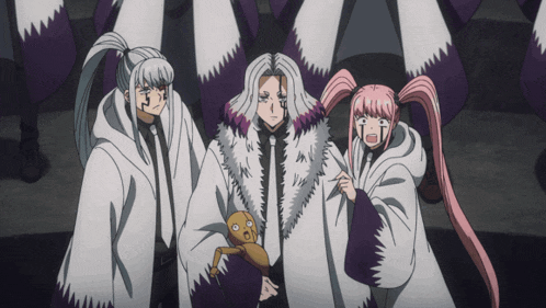 a group of anime characters standing next to each other with one holding a stuffed animal