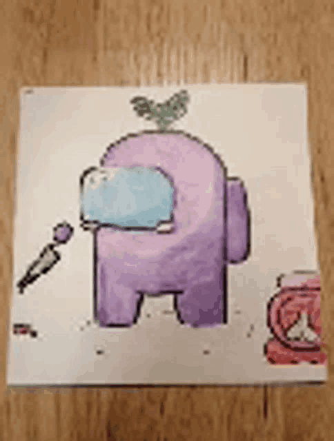 a drawing of a purple among us character with a microphone on a piece of paper on a wooden table .