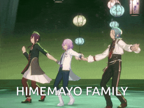 three anime characters are dancing with the words himemayo family below them