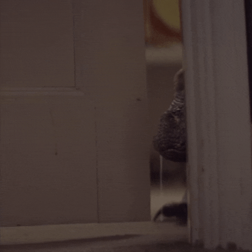 a lizard is peeking out of a doorway in a dark room