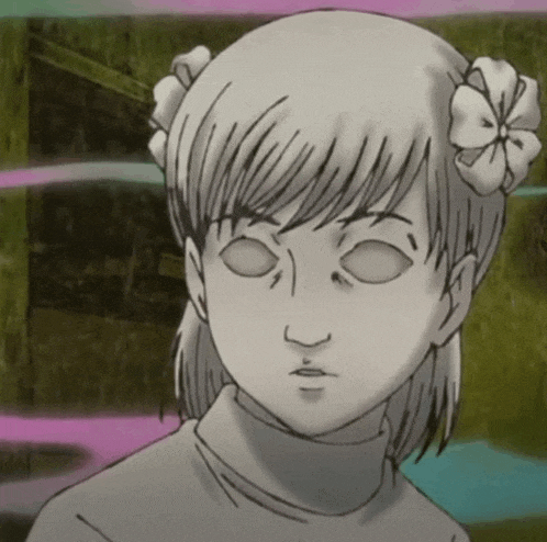 a drawing of a girl with a flower in her hair and no eyes