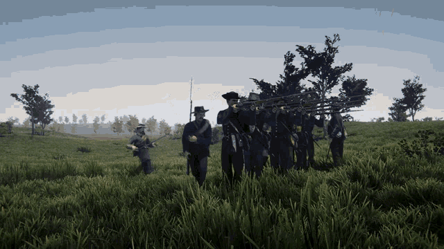 a group of soldiers standing in a grassy field holding guns