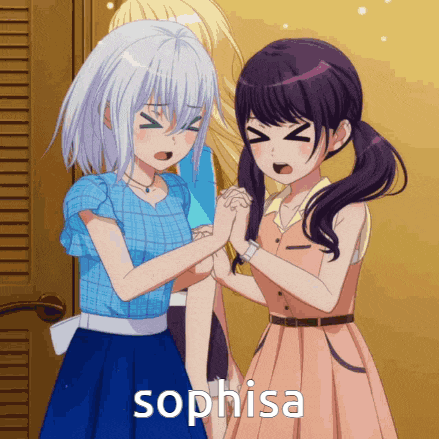 two anime girls standing next to each other with the word sophisa on the bottom right