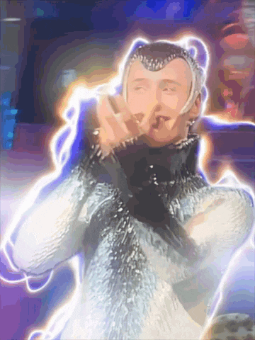 a man in a futuristic costume is surrounded by lightning bolts