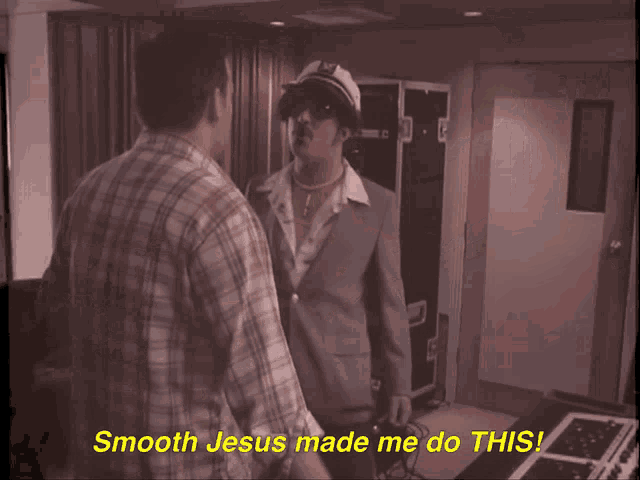 two men are standing in front of a mixer and the words smooth jesus made me do this are on the screen