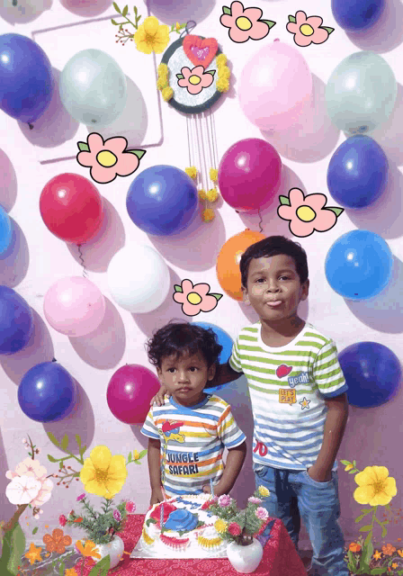 a boy wearing a shirt that says jungle safari stands next to another boy in front of balloons