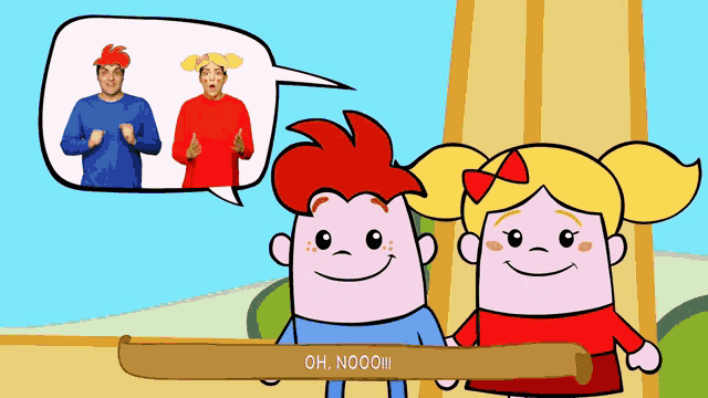 a cartoon of a boy and a girl with a speech bubble that says oh nooo !!!