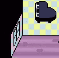 a pixel art drawing of a room with a piano
