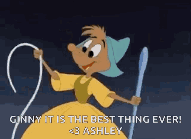 a cartoon character from cinderella is holding a whip and saying ginny it is the best thing ever .