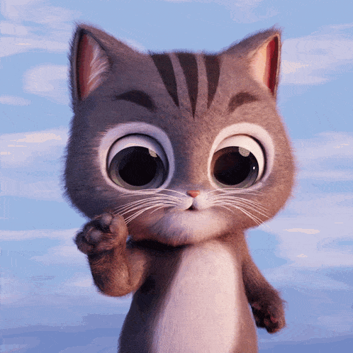 a close up of a cartoon cat with big eyes