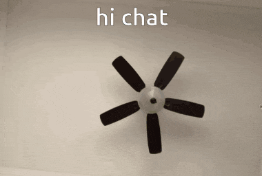a ceiling fan with the words hi chat written on it