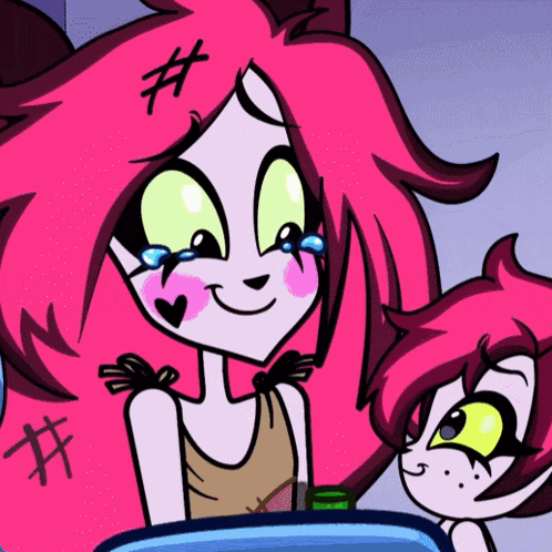 a cartoon drawing of a girl with pink hair
