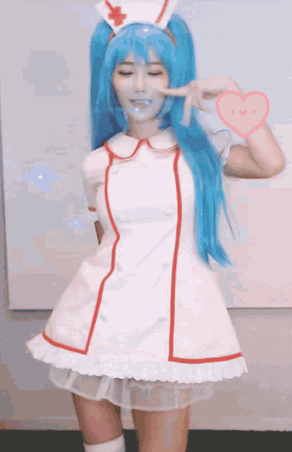 a woman with blue hair is wearing a nurse 's outfit
