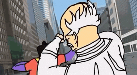 a cartoon of a bald man in a white suit standing in front of a city .