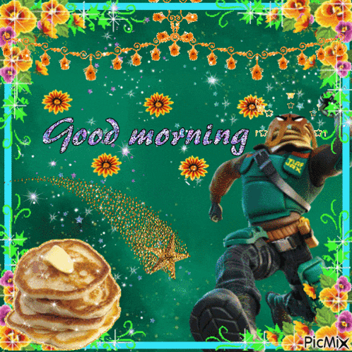a picture of a man and pancakes with the words good morning written on it