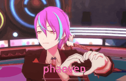 a pink haired anime character is making a heart shape with his hands and the word phaeven is visible behind him