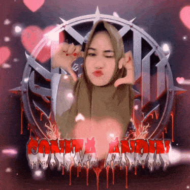 a woman in a hijab giving a thumbs down sign in front of a logo that says cinta abadi