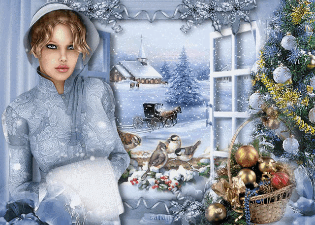 a woman stands in front of a window with a picture of a horse drawn carriage and a christmas tree