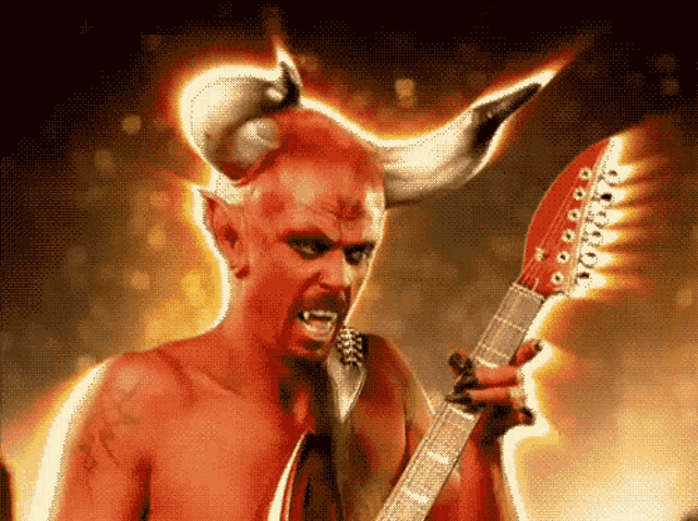 a shirtless devil with horns is holding a red guitar