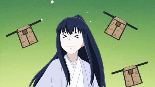 a girl with long black hair is surrounded by a bunch of papers
