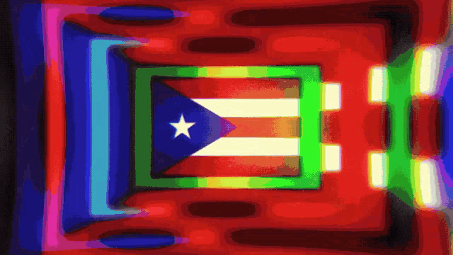 a colorful background with a blue white and red flag with a star in the middle