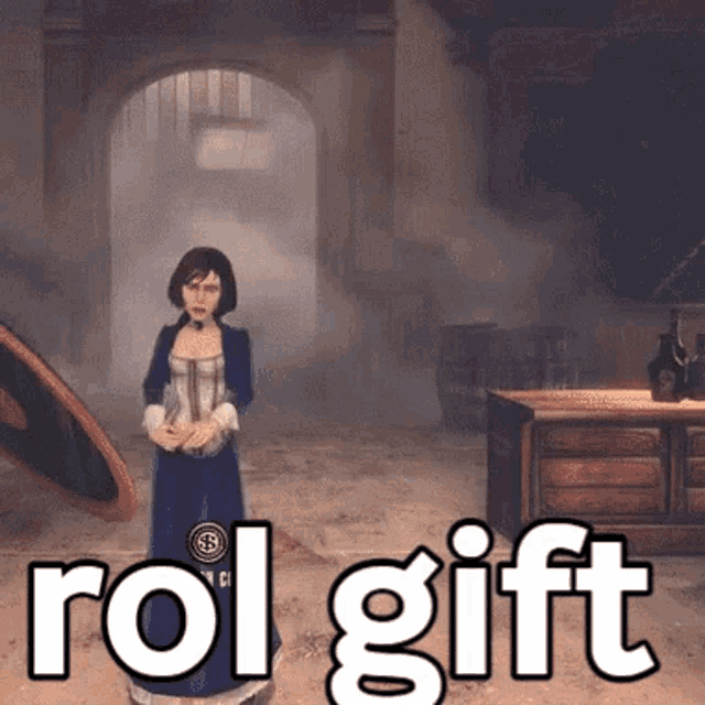 a woman in a blue dress is standing in a room with the words " roll gift " written on the bottom