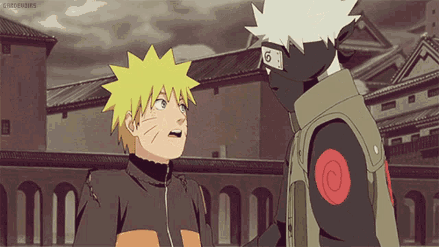 a cartoon of naruto and kakashi shaking hands with the number 6 on their head