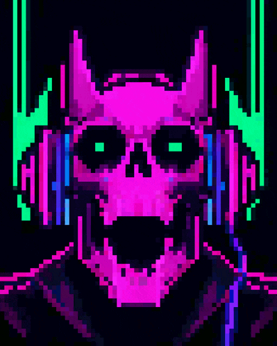 a pixel art of a skull with horns wearing headphones and a microphone .