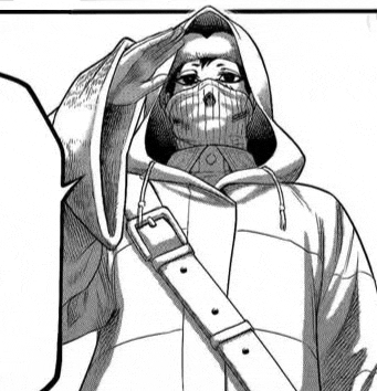 a black and white drawing of a person wearing a hooded jacket and a mask .