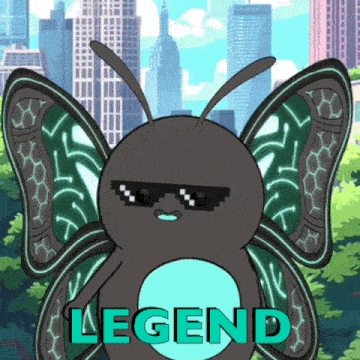 a cartoon butterfly is wearing sunglasses and the word legend is above it