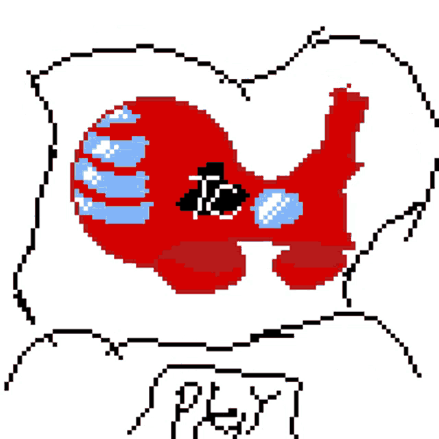 a pixel art drawing of a red and blue object with the letter r on it