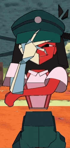 a cartoon character is wearing a green hat and a red shirt