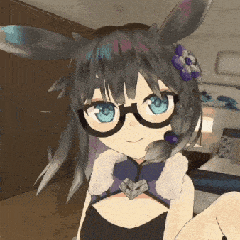 a 3d anime girl wearing glasses and a purple flower in her hair