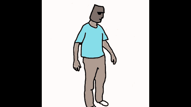 a cartoon of a man wearing a blue shirt and brown pants with a hoodie on his head .