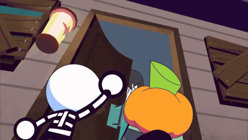 a cartoon of a skeleton and a pumpkin are standing in front of a door