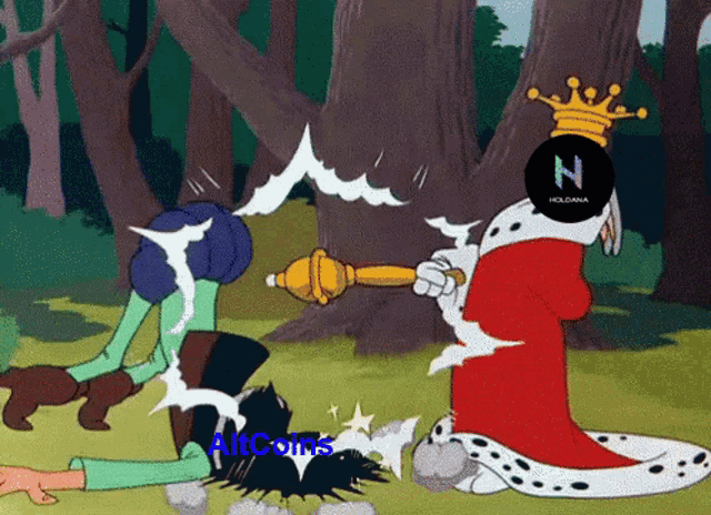 a cartoon of a king holding a trophy with a holdama logo