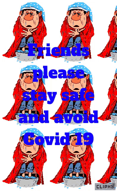 a cartoon of a man with a scarf around his head and the words please stay safe and avoid covid-19