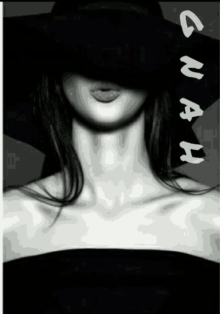 a black and white photo of a woman wearing a hat and the name sarah