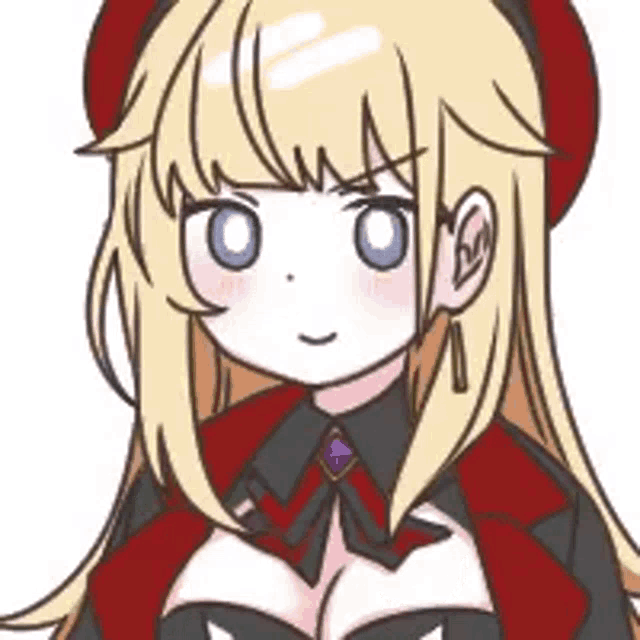 a cartoon girl with blonde hair and blue eyes is wearing a red hat and a black and red dress .