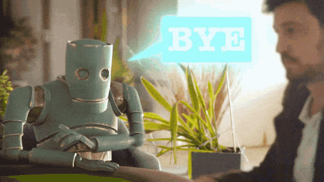 a robot talking to a man with a bye speech bubble