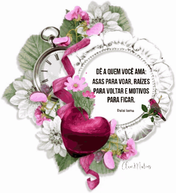 a picture of flowers and a clock with a quote from dalai lama