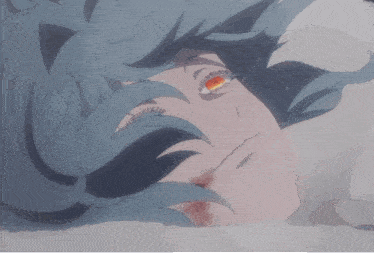 a close up of a person 's face with blue hair and red eyes