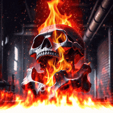 a skull is surrounded by flames and smoke
