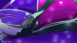 a cartoon character is holding a pair of scissors in a purple background .