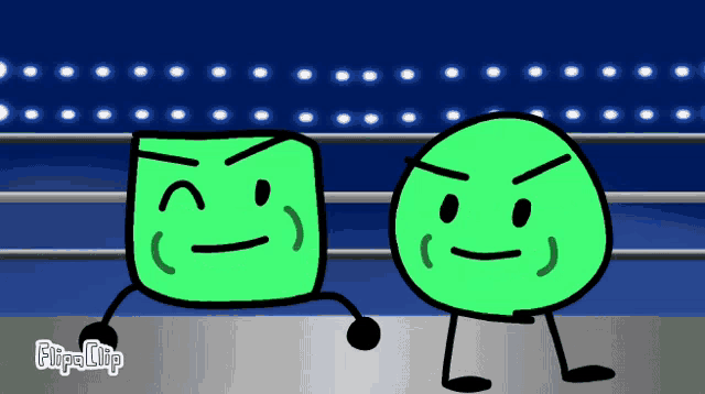 two green cartoon characters are standing next to each other and the words flipa clip are on the bottom right