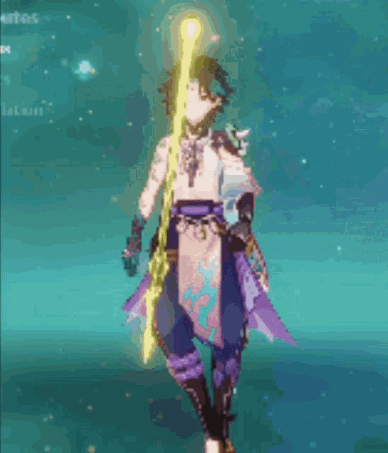 a pixel art of a person holding a spear